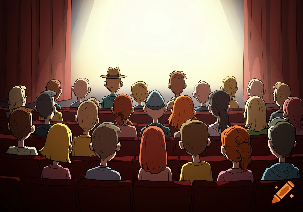 Cartoon audience watching a screen in a dark theatre.