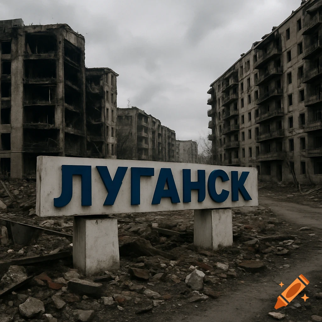 A sign reading 'Луганск' in Cyrillic stands before ruined apartment buildings on a cloudy day.