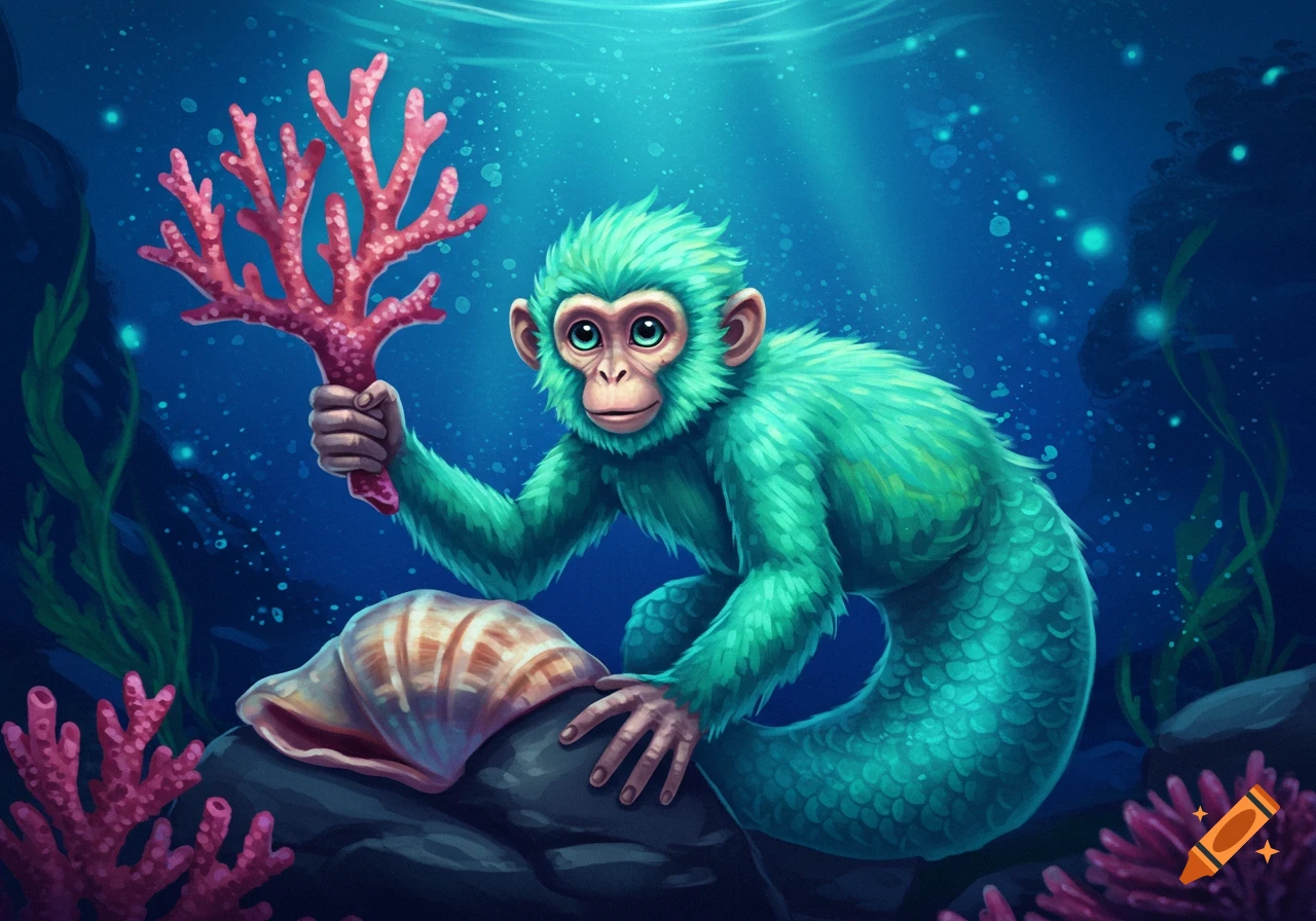 Illustration of a monkey with a mermaid tail underwater, holding coral.
