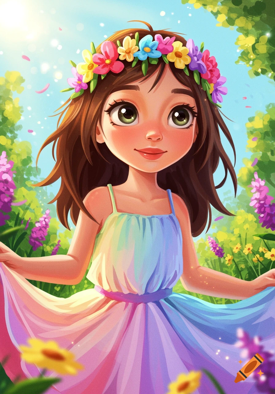 Stylized illustration of a young girl in a rainbow dress and flower ...