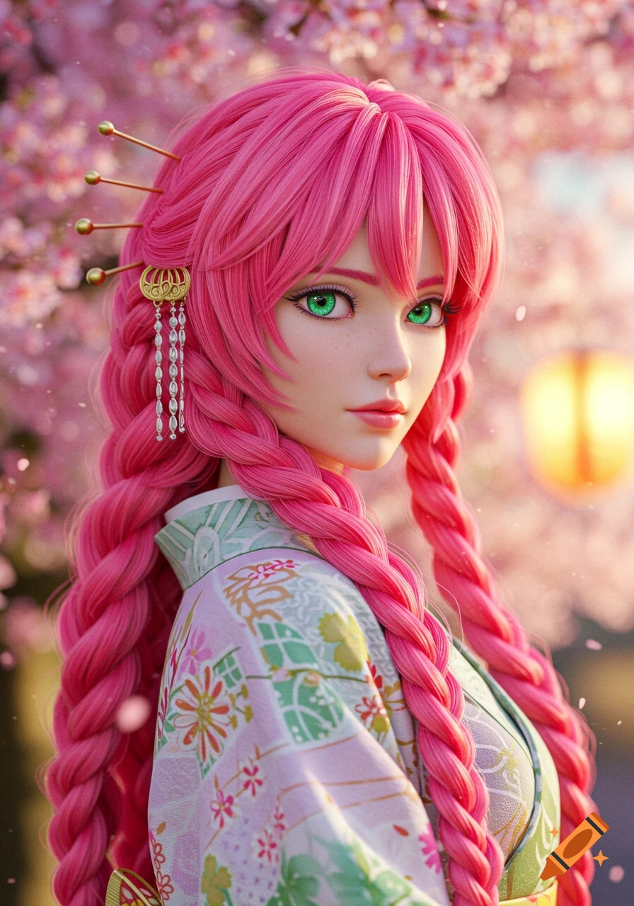 Woman with pink hair in kimono among cherry blossoms