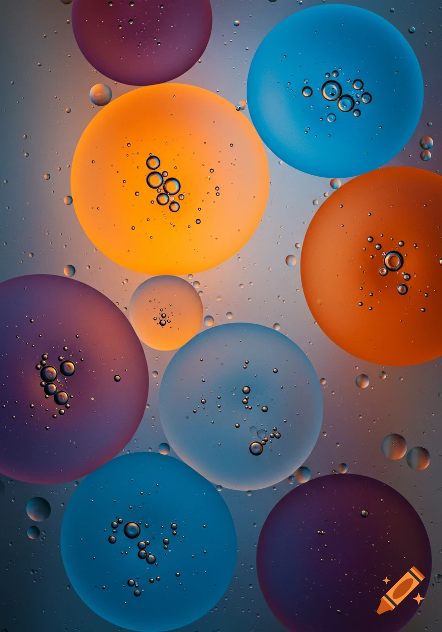 Abstract macro shot of oil bubbles floating in water with blue, orange, and purple colors.