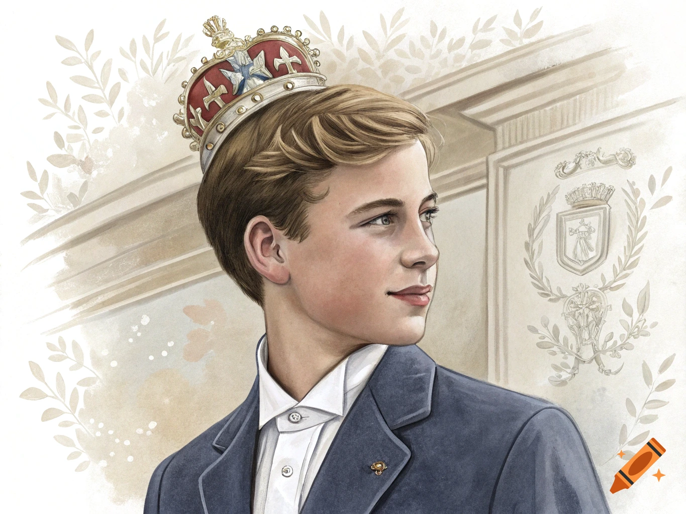 Illustration of a young man wearing a crown and suit, looking right.