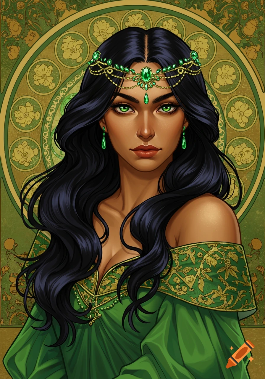 A portrait of a woman with dark hair and green eyes, wearing a green dress and emerald jewelry, in an art nouveau style.