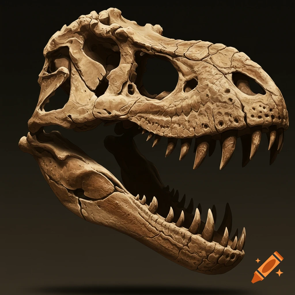 Detailed rendering of a T. rex skull against a dark background.