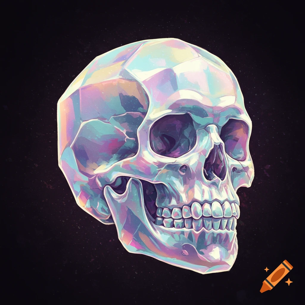 Faceted crystal skull illustration with iridescent colors on a dark background.