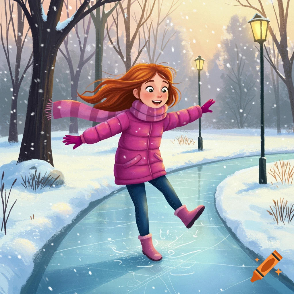 Illustration of a smiling girl ice skating in a snowy park during sunset.