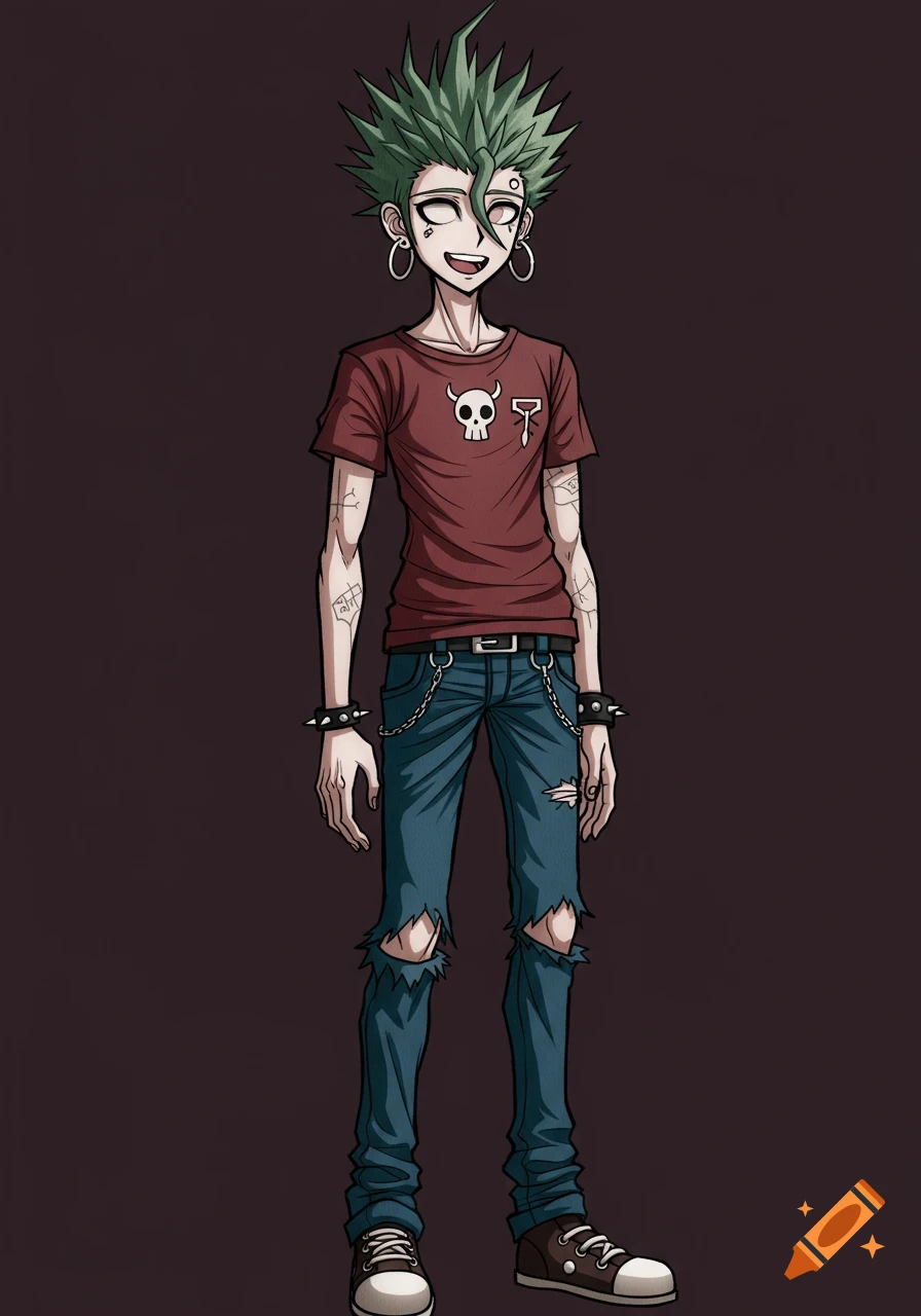 Full-body illustration of a male character in Danganronpa art style, with spiky green hair, torn blue jeans, and a red shirt with a skull.