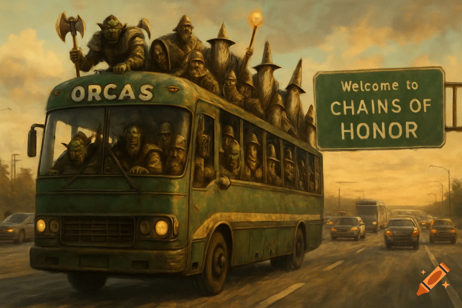 A bus full of orcs and wizards drives on a highway past a welcome sign, painterly style.