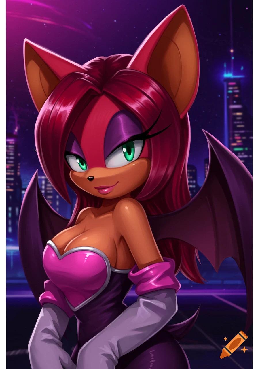 Anime portrait of Rouge the Bat against a city skyline