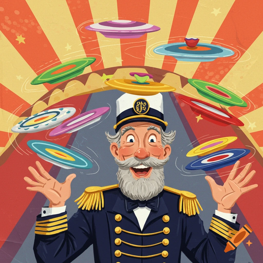 A cartoon captain with a large beard and hat spins many colorful plates in a circus tent.