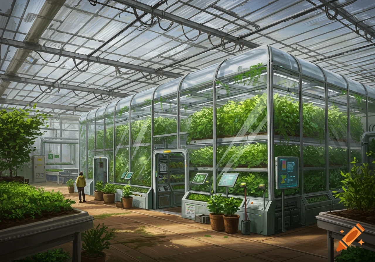 A person stands in a large, futuristic greenhouse filled with rows of lush green plants.