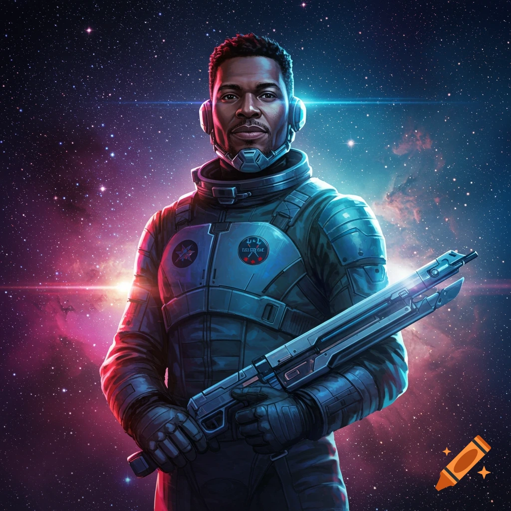 A man in a futuristic spacesuit holding a rifle stands in space.