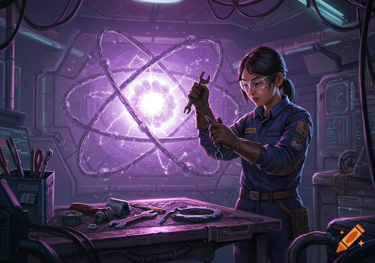 Woman mechanic works on a giant glowing atom in a futuristic laboratory.