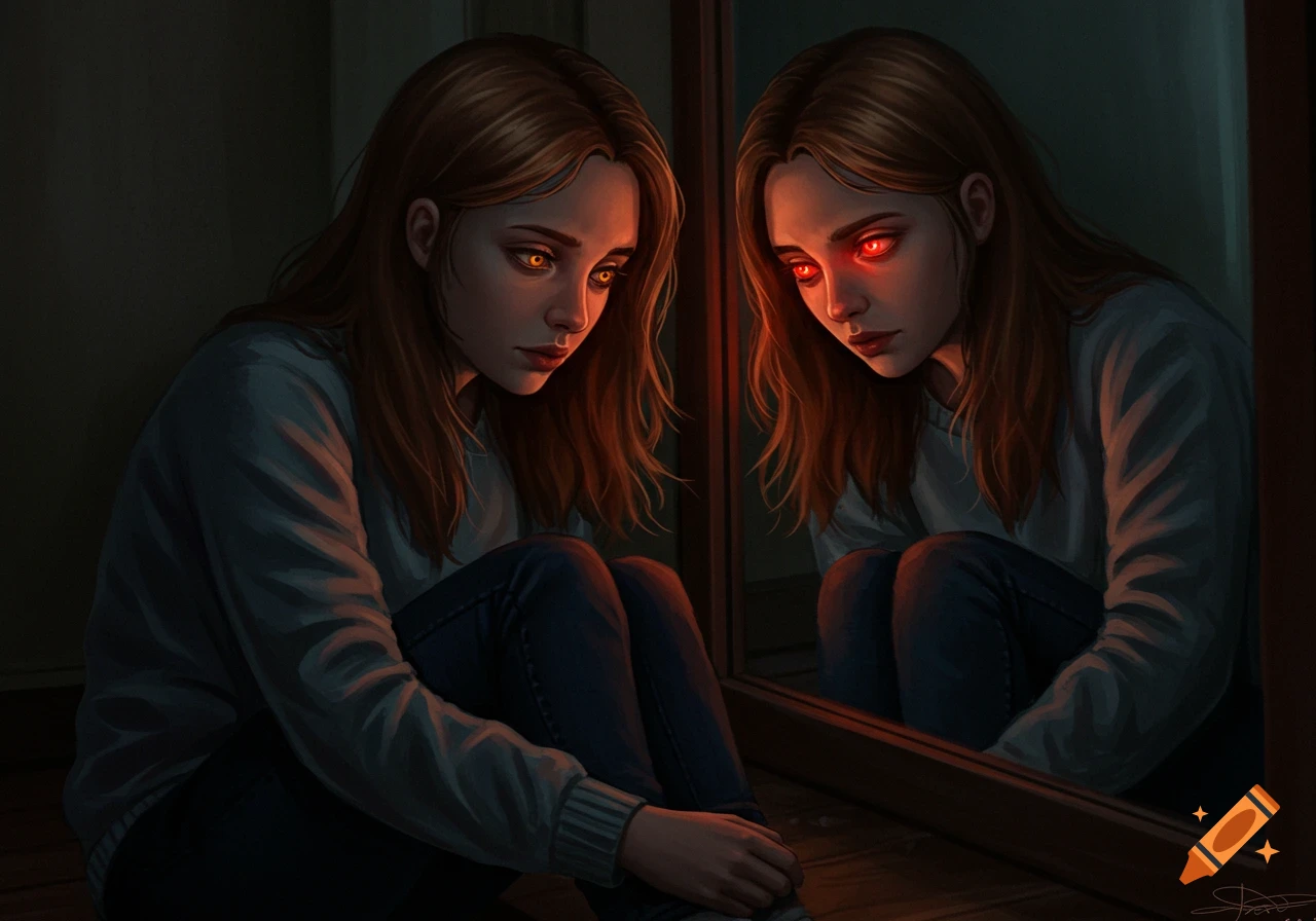 Young woman with glowing yellow eyes looks at reflection with red eyes in dim room.