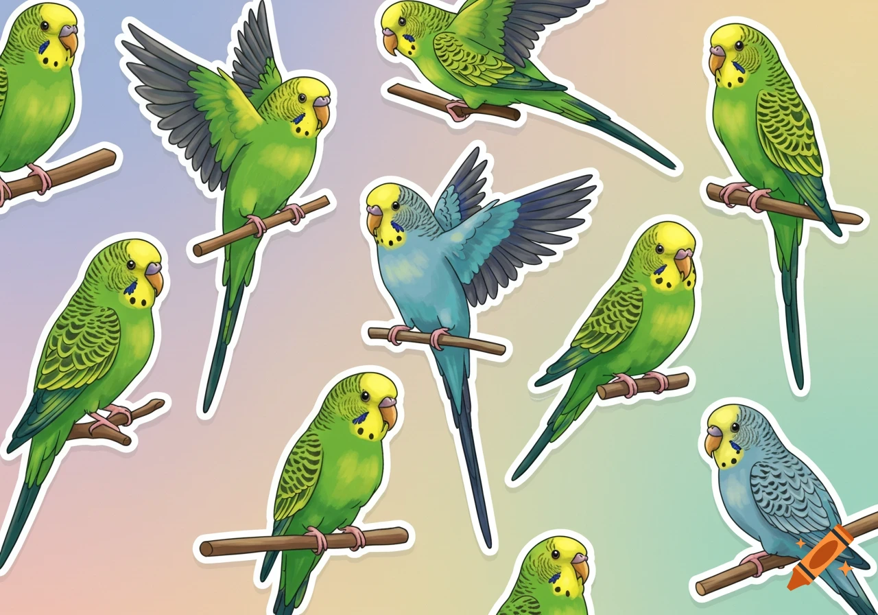 Illustrations of green and blue budgies on perches, depicted as stickers on a gradient background.