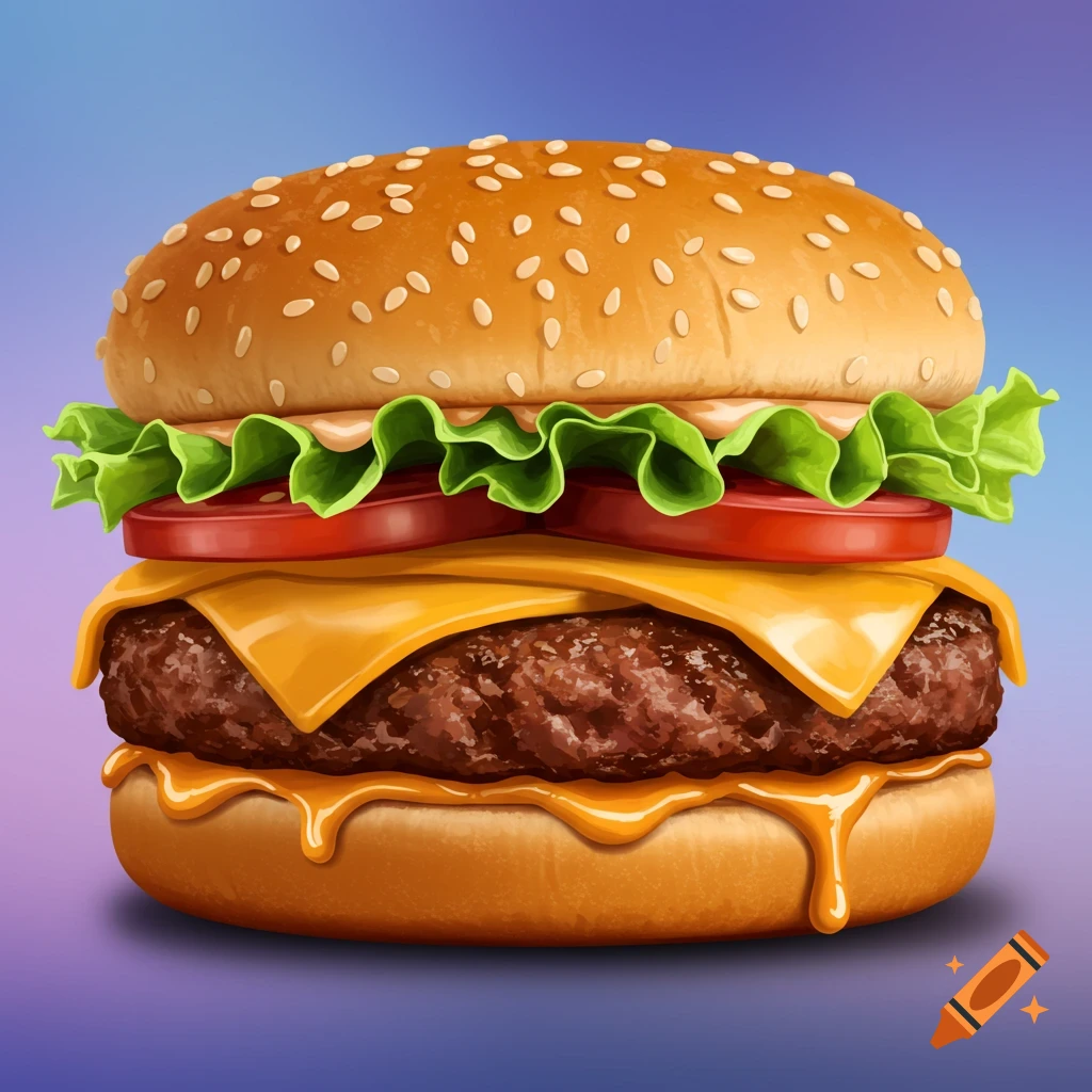 Close-up illustration of a cheeseburger with lettuce, tomato, and melting cheese.