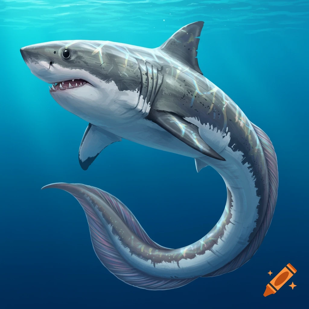 A great white shark body with an eel's tail swims in the ocean.