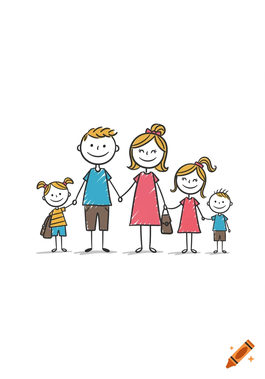 Stick figure drawing of a family of five holding hands.