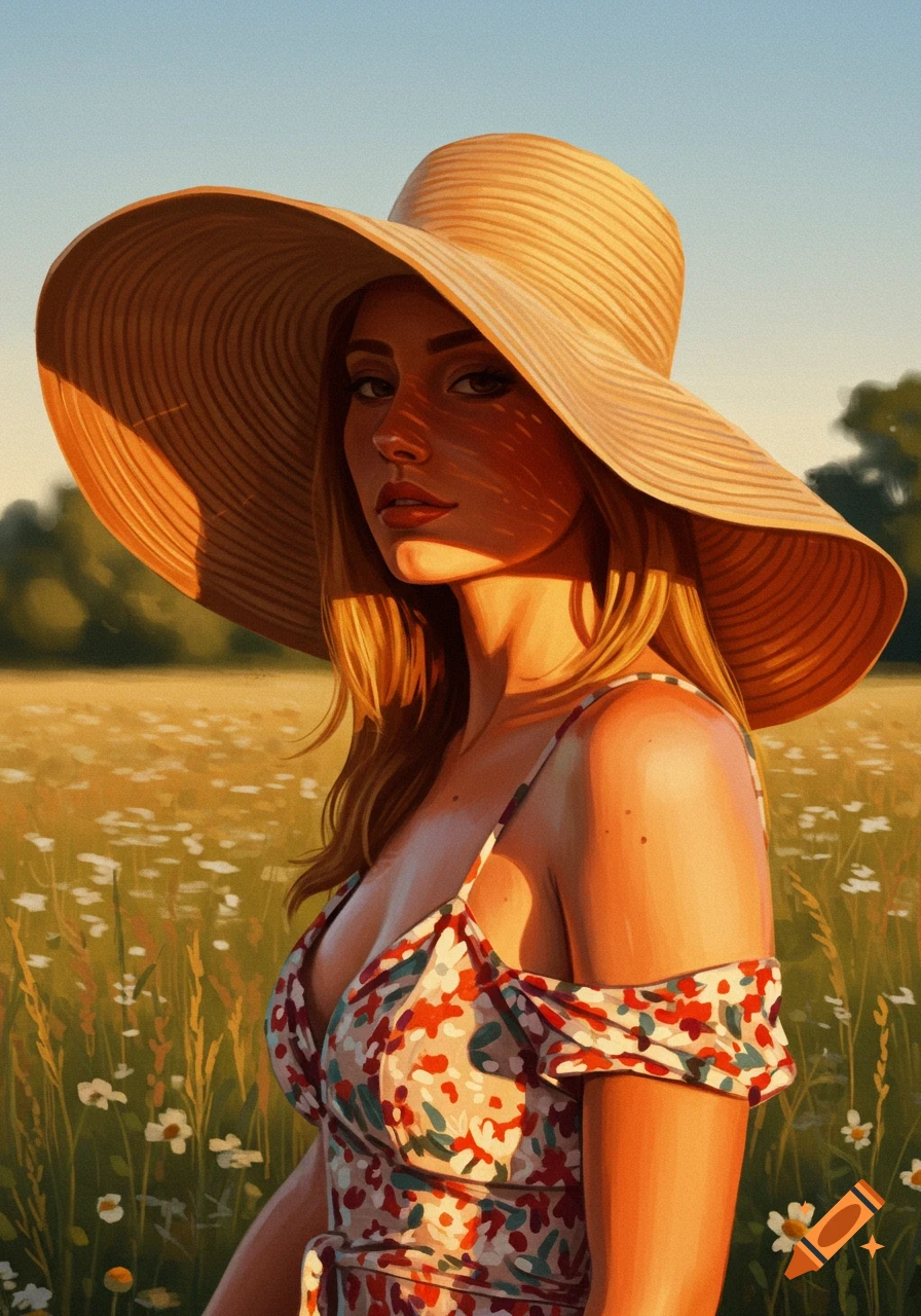 Portrait of woman in wide straw hat in a field of wildflowers at sunset, painterly style.