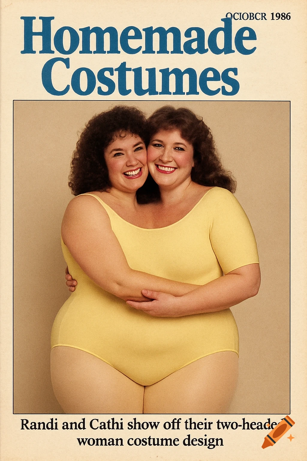 Vintage magazine cover showing two women in a yellow leotard designed as a two-headed costume.
