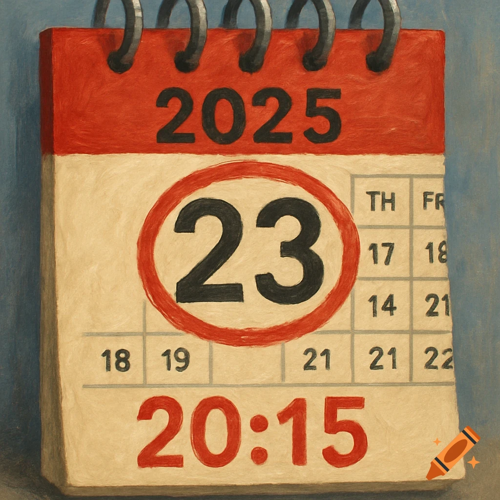 Painterly close-up of a calendar page showing 2025, day 23 circled in red, and 20:15.