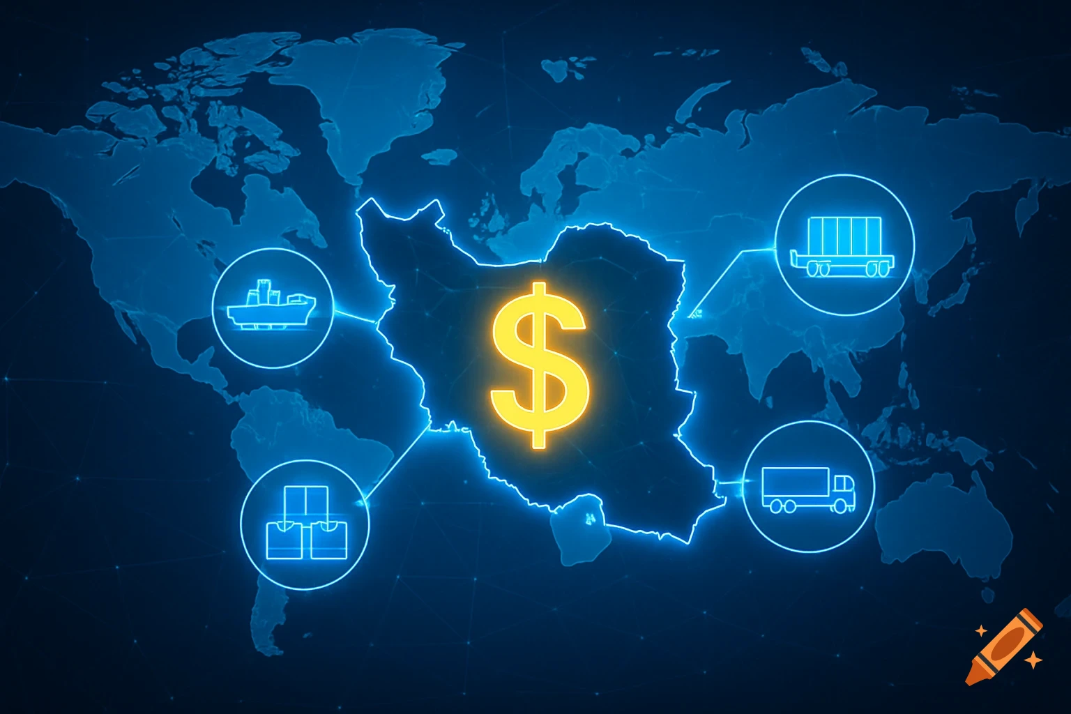 Digital world map highlighting Iran with dollar sign and transport icons.