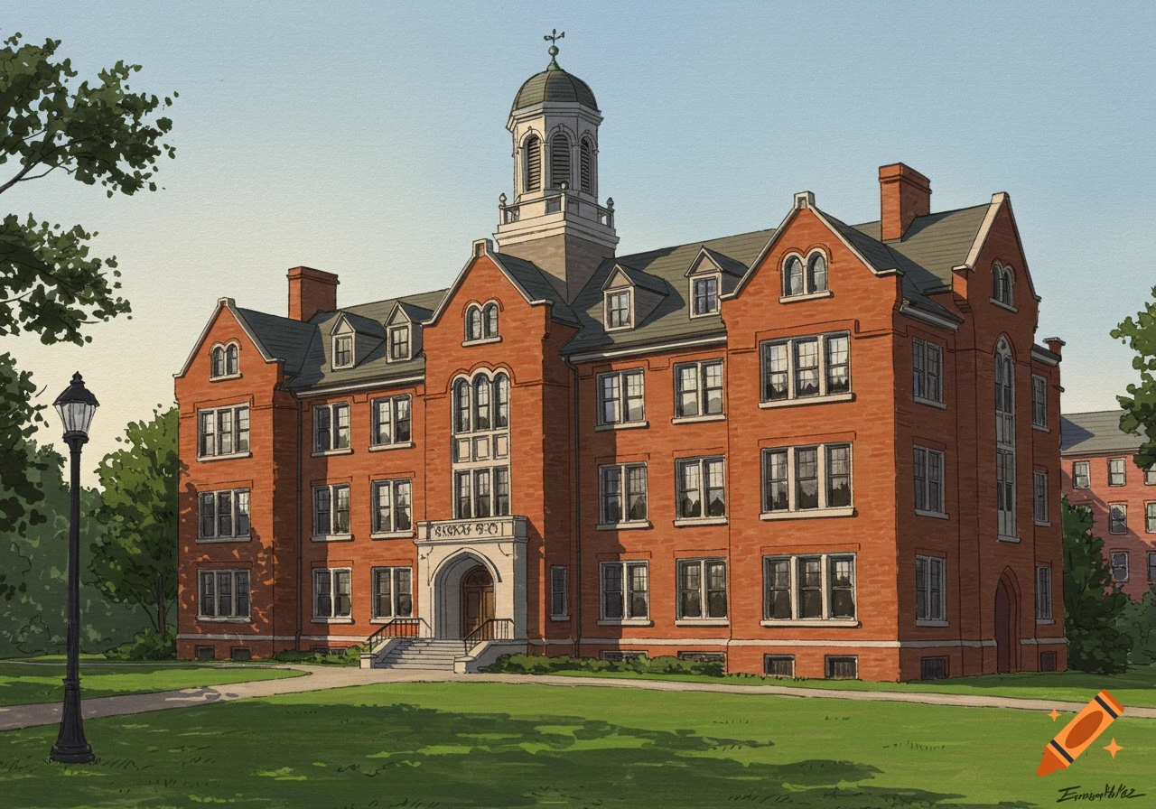 Painting of a large red brick college building with a tower and lawn.