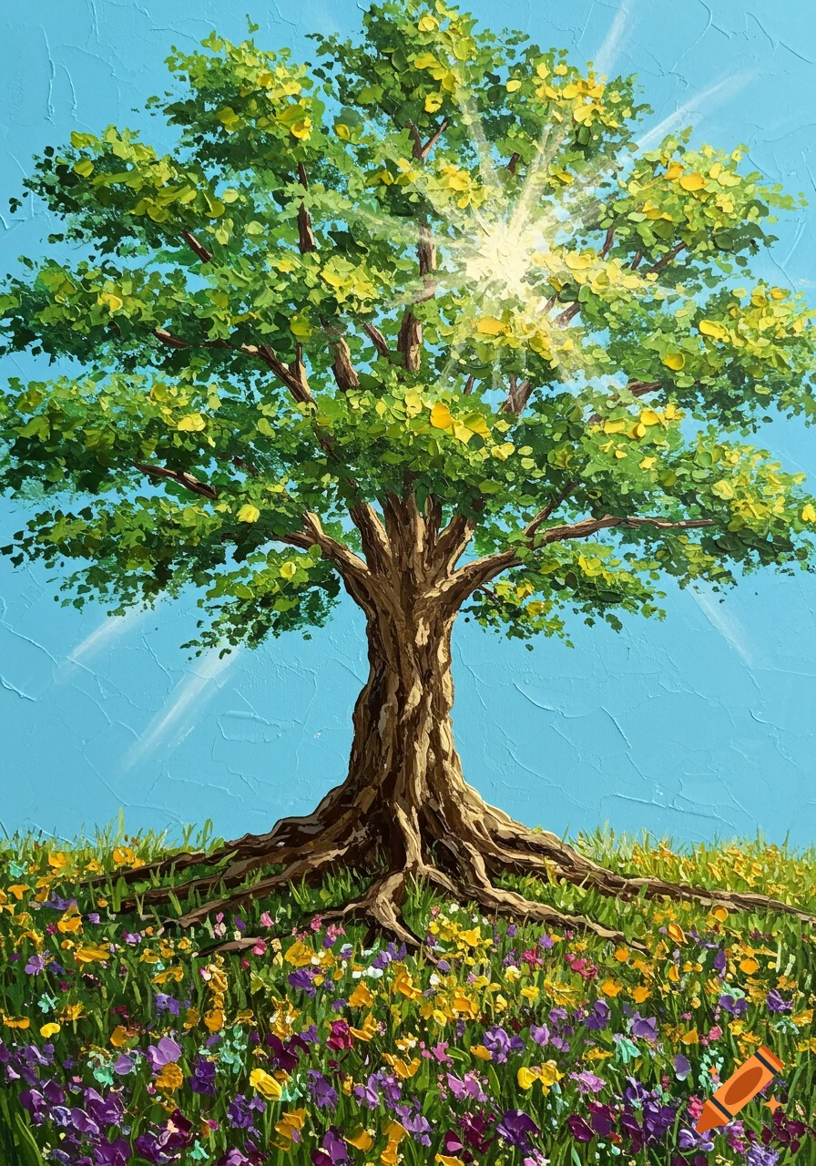 Impasto painting of a tree with sunrays in a field of wildflowers.