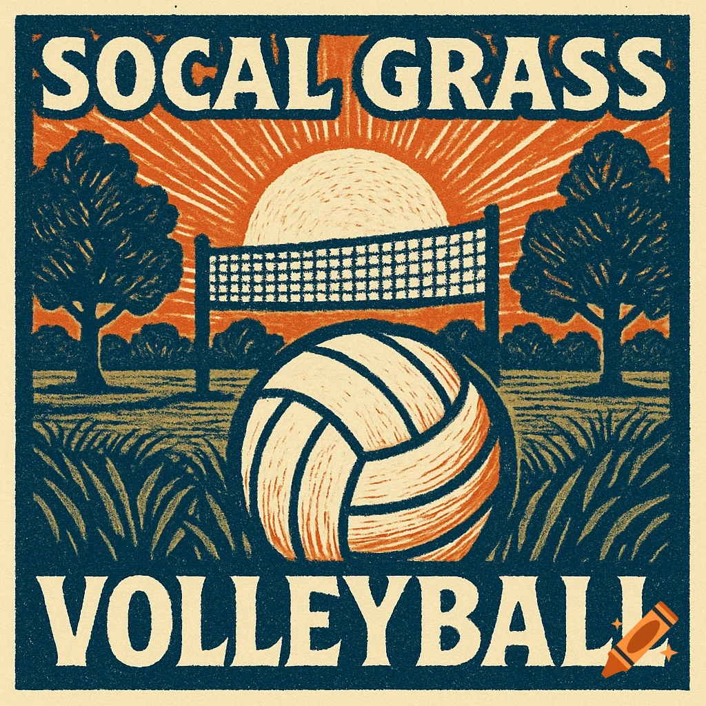 Woodcut style design for Socal Grass Volleyball, featuring a volleyball, net, trees, and sunset.