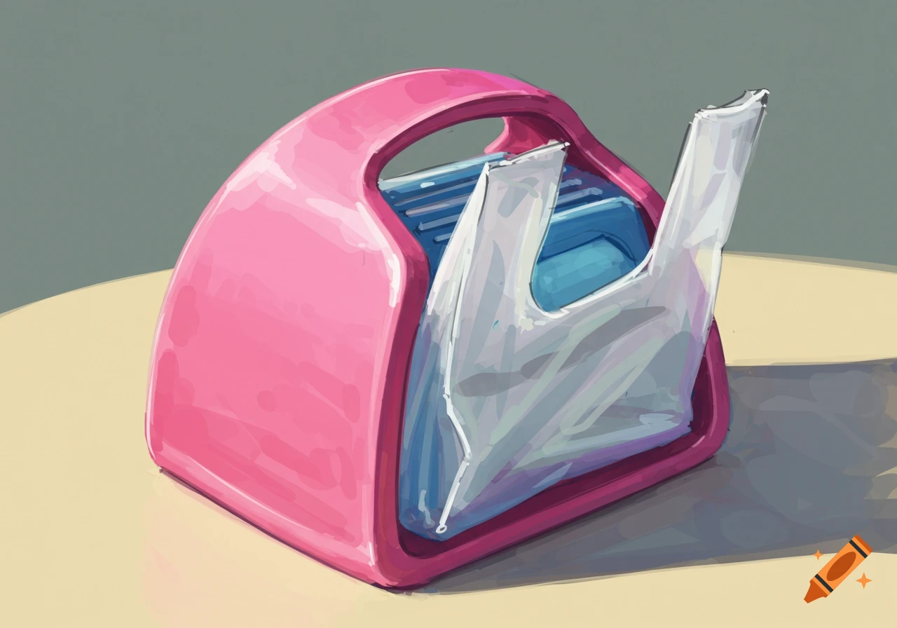 A pink plastic bag holder with a white bag inside, rendered in a sketch style.