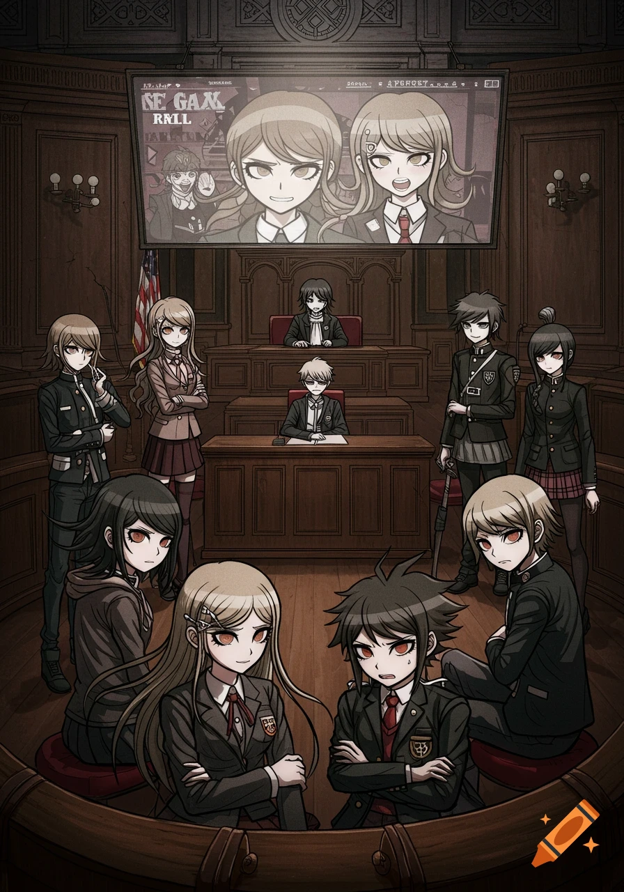 Characters in a courtroom trial scene, anime style.