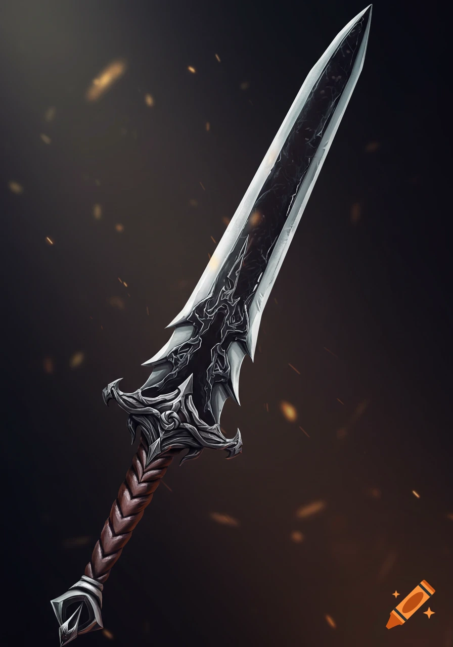 Detailed dark fantasy sword with a double edge and braided handle against a dark background with embers.