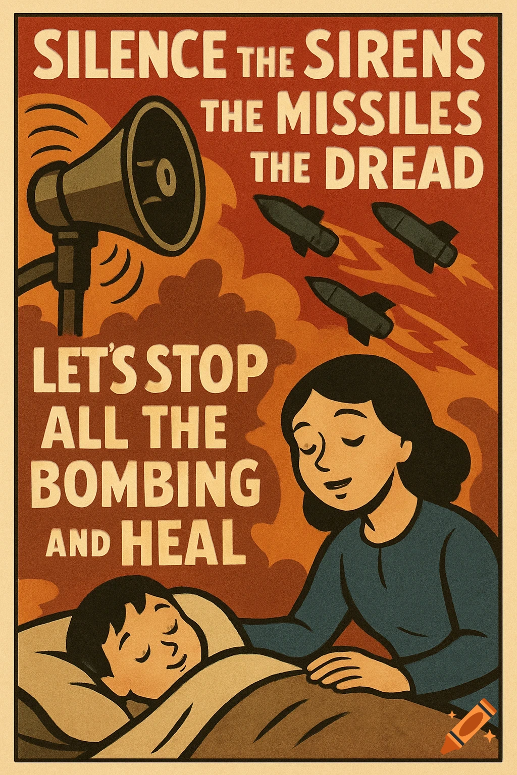 Propaganda poster with text: SILENCE THE SIRENS THE MISSILES THE DREAD LET'S STOP ALL THE BOMBING AND HEAL