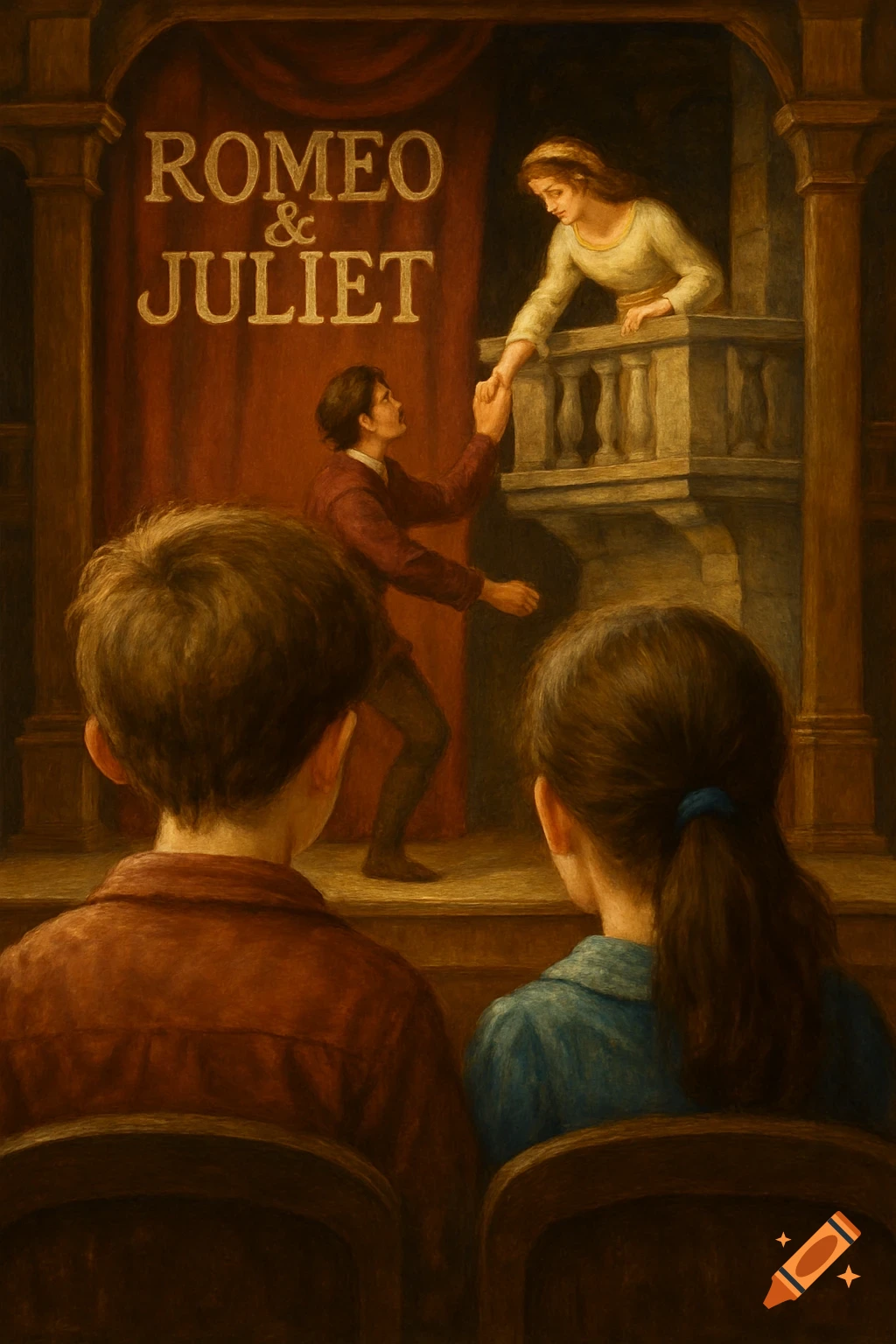 Painting of two children watching a theatre performance of Romeo and Juliet from behind.