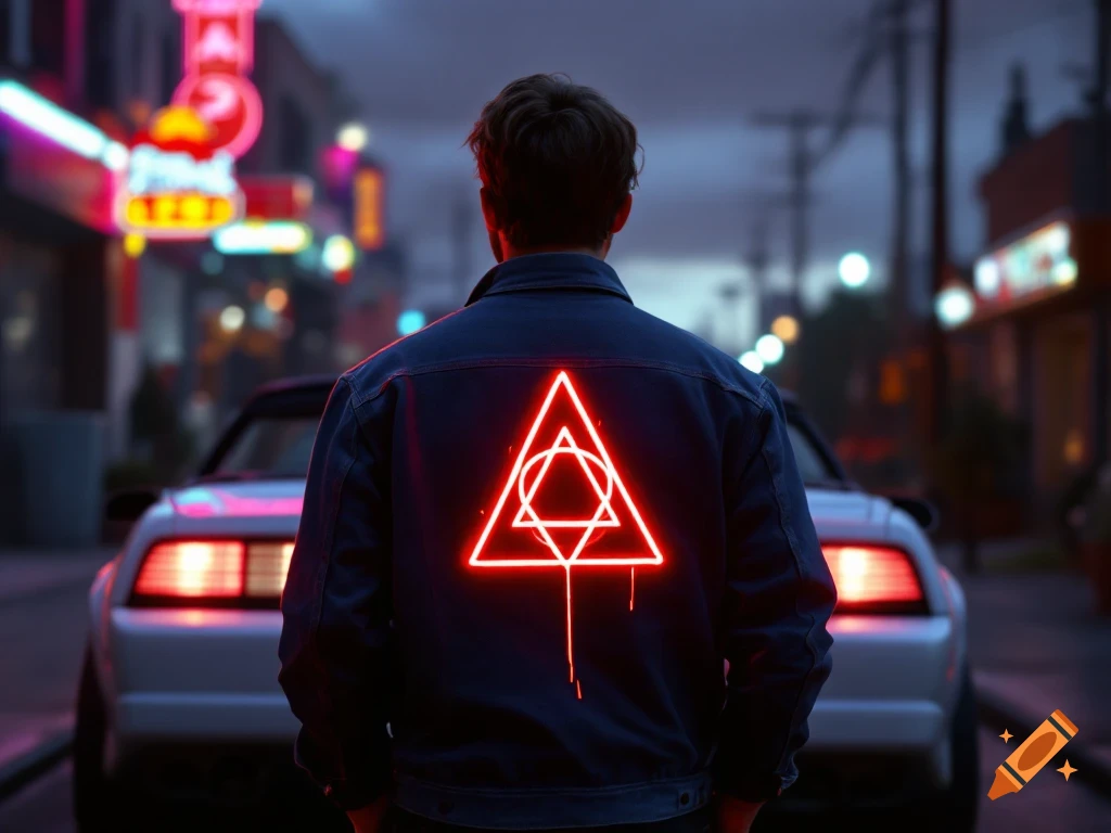 Man with neon symbol on jacket stands in front of 1980s car at night