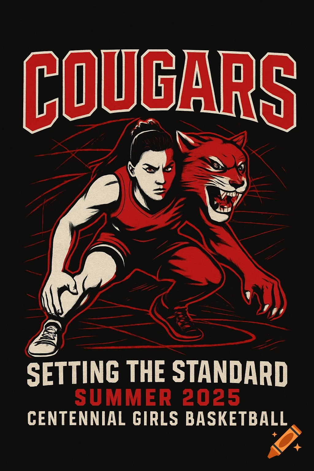 Stylized red, white, and black graphic of female basketball player & cougar. Text: COUGARS, Setting the Standard, Summer 2025, Centennial Girls Basketball.