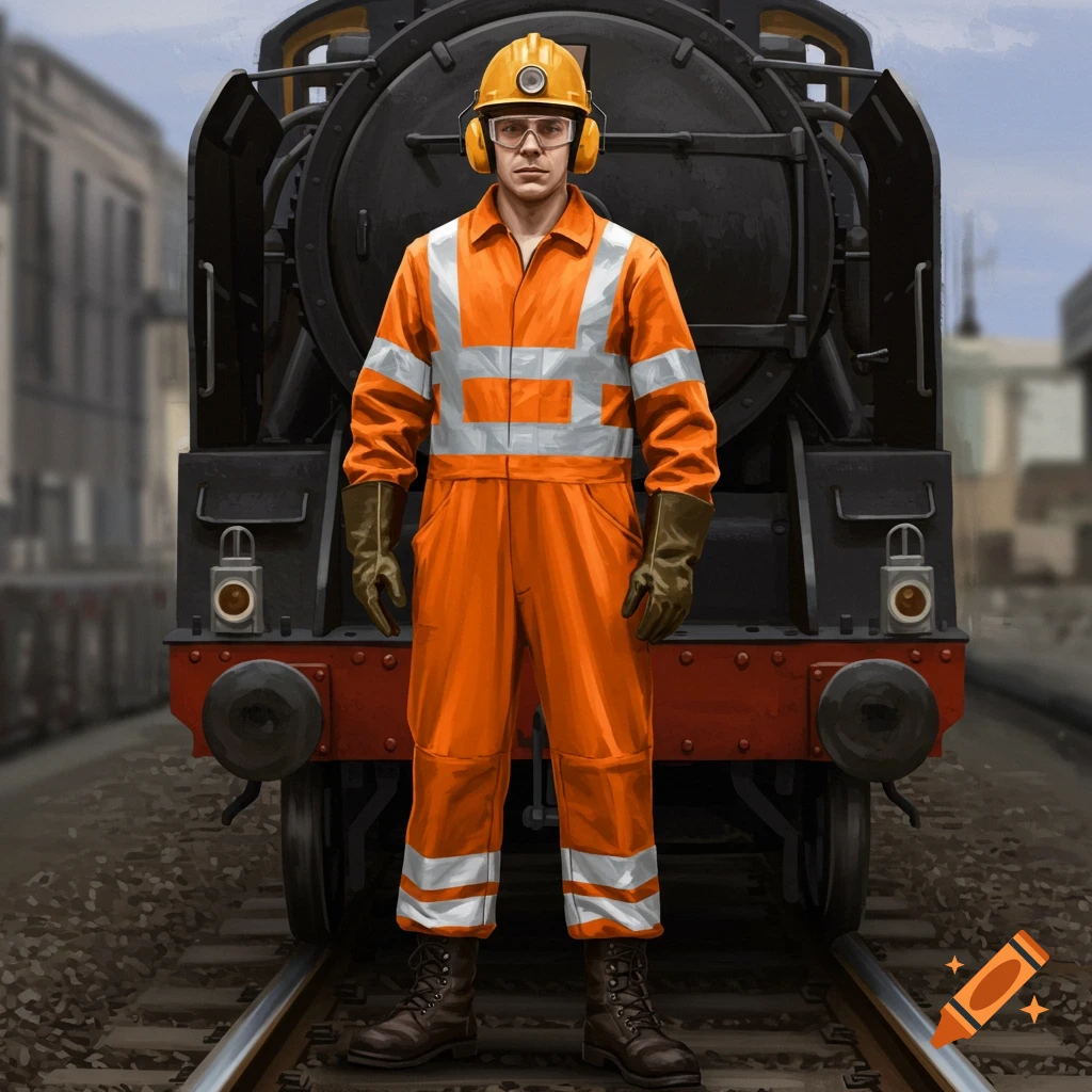 Man in orange coveralls stands on railway tracks in front of a steam train.