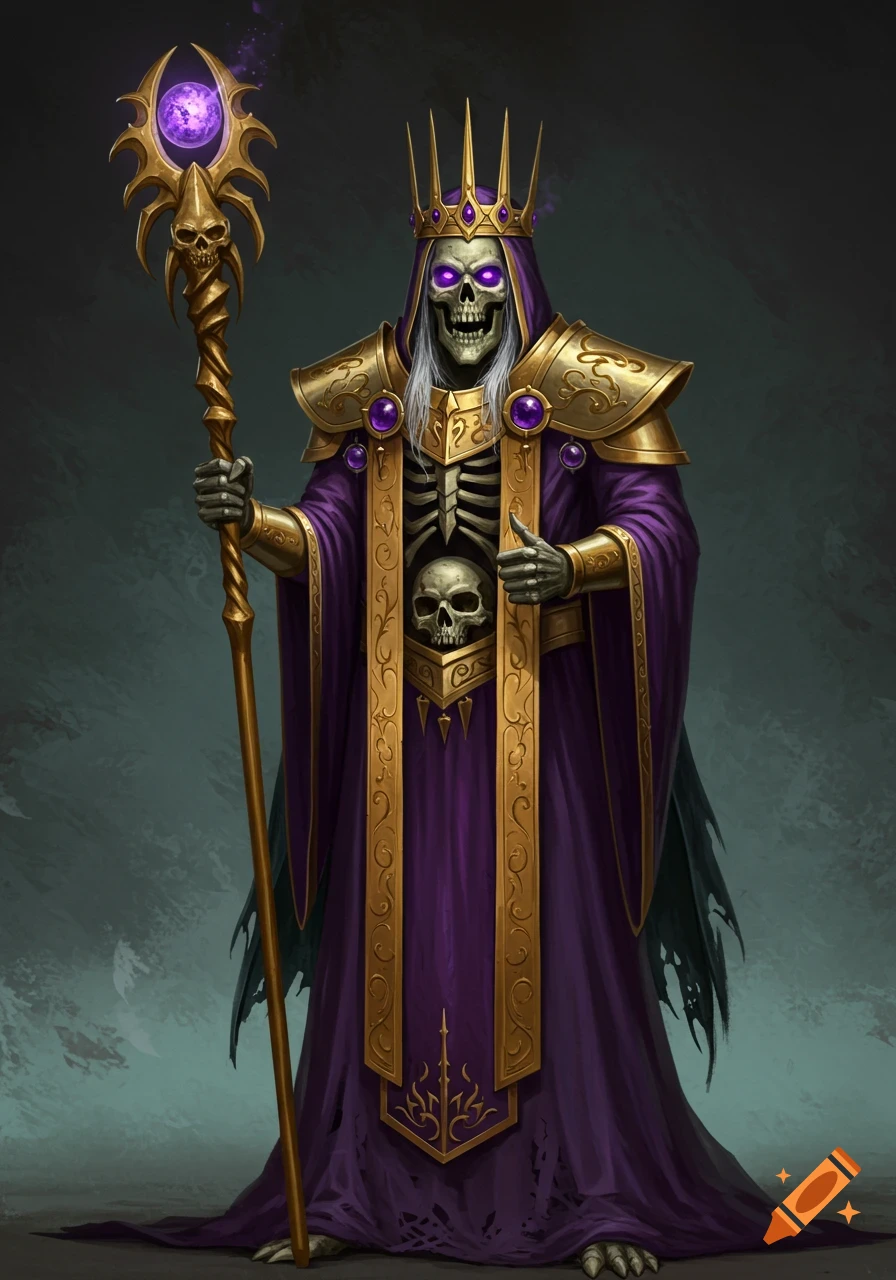 A regal skeletal figure wearing a purple robe, gold armor, and a crown, holding a staff.