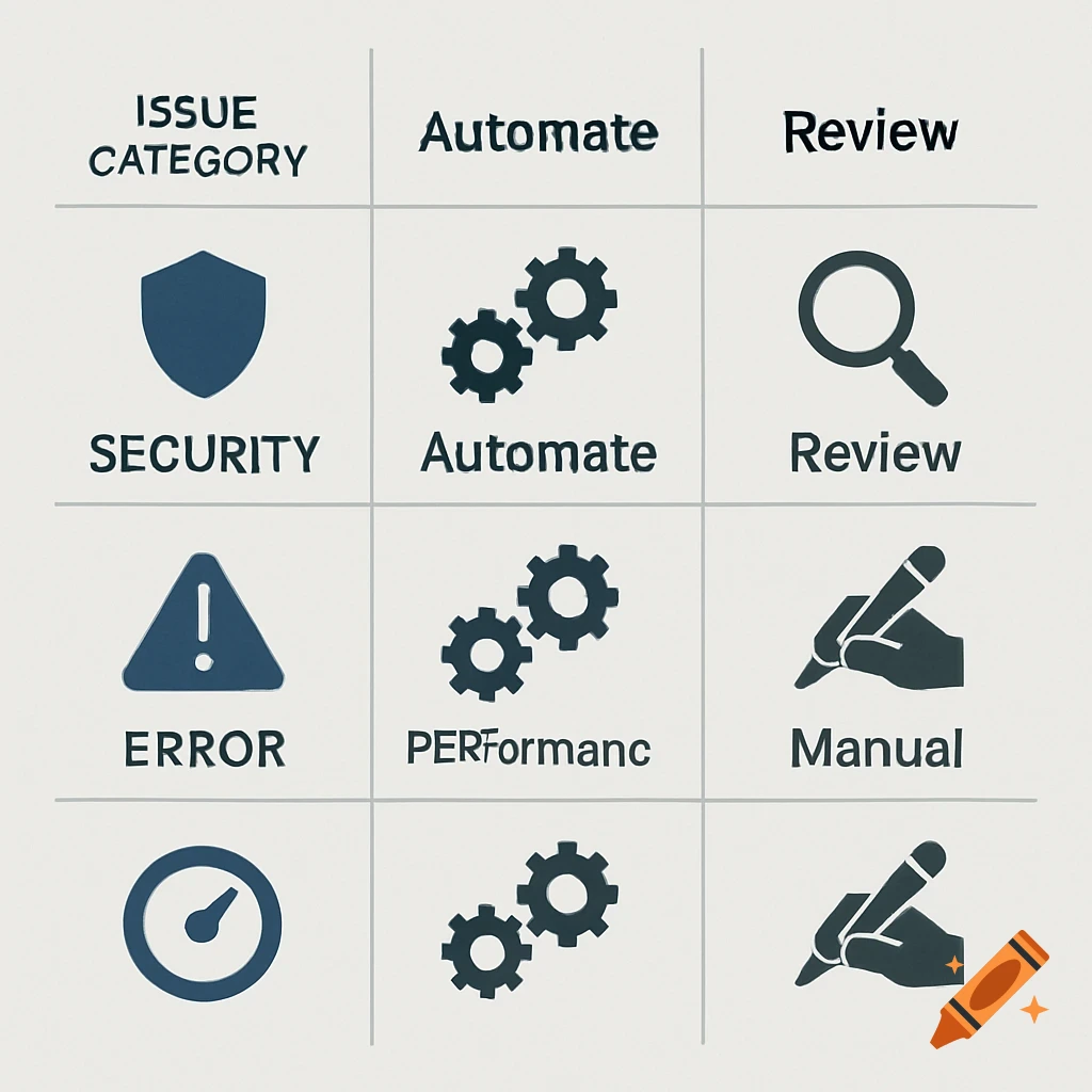 A 3x3 matrix chart with headings and icons representing issue categories (security, error) and actions (automate, review, manual).