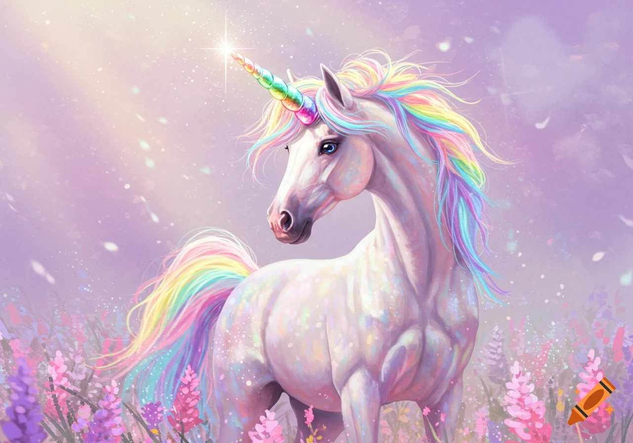 A sparkling white unicorn with a rainbow mane and horn stands in a field of pink and purple flowers.