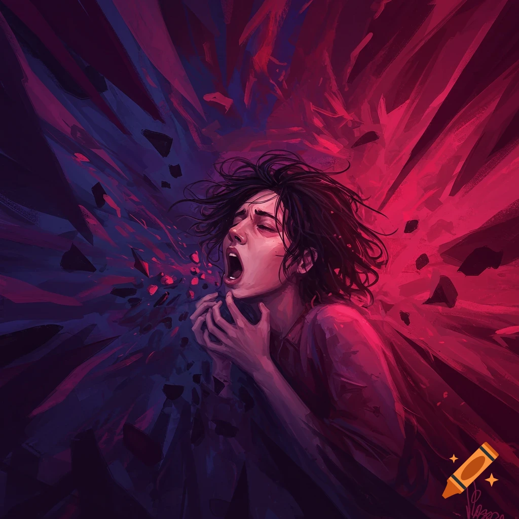 Digital painting of a person screaming or gasping surrounded by chaotic red and purple elements.