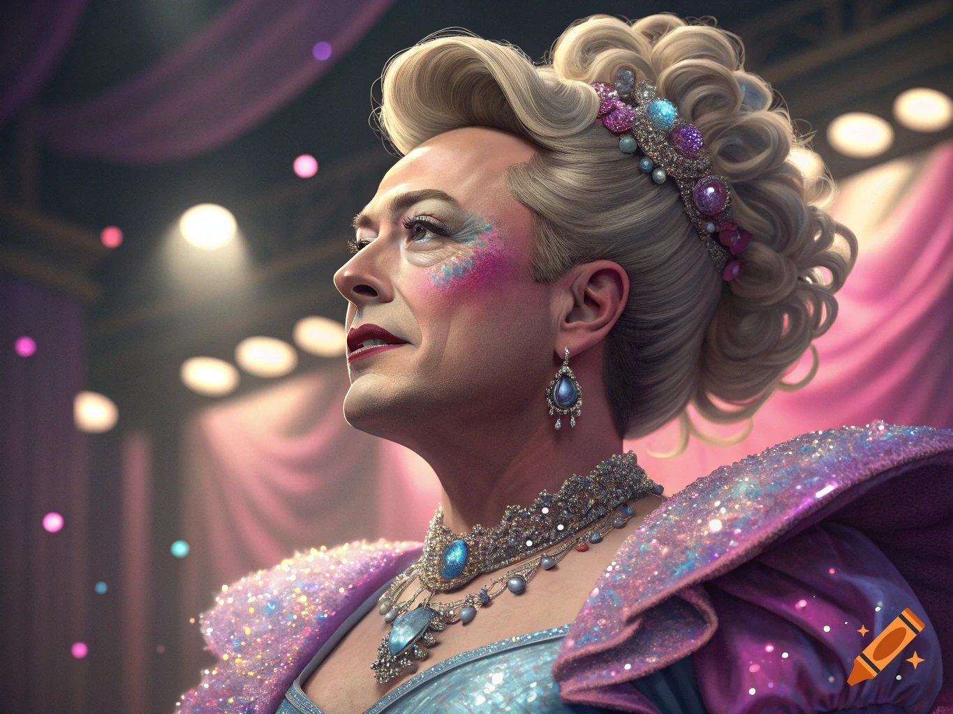 Portrait of a person in elaborate drag makeup, ornate jewelry, and a sparkling pink and blue costume.