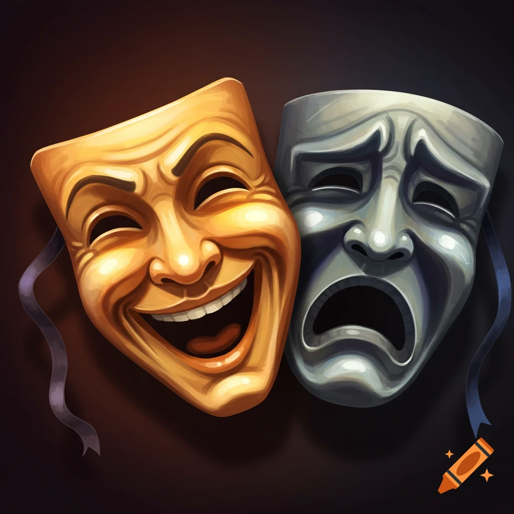 Drawing of gold comedy and silver tragedy theatre masks