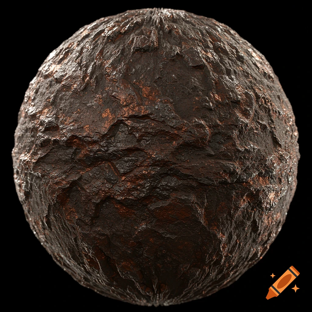 A spherical object with a rough, dark reddish-brown texture resembling iron ore against a black background.