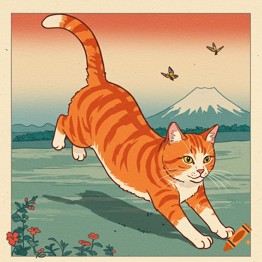 Orange tabby cat in Japanese woodblock print style landscape with Mount Fuji and butterflies.