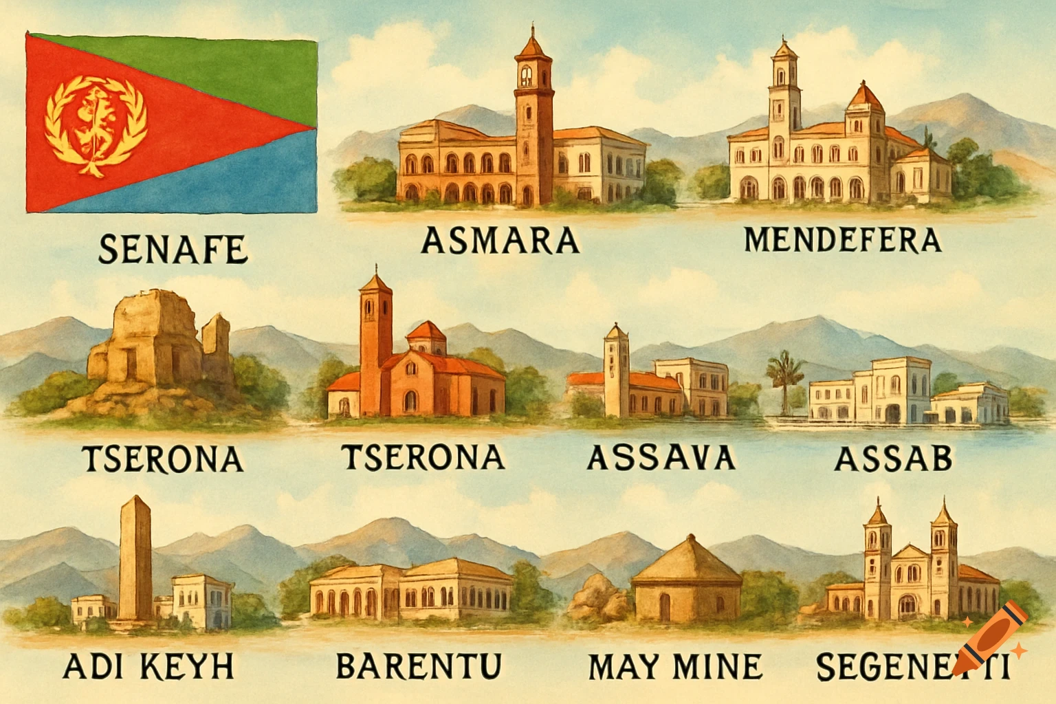 Watercolor illustration showing the Eritrean flag and labeled scenes of Eritrean cities like Asmara, Mendefera, and Assab.