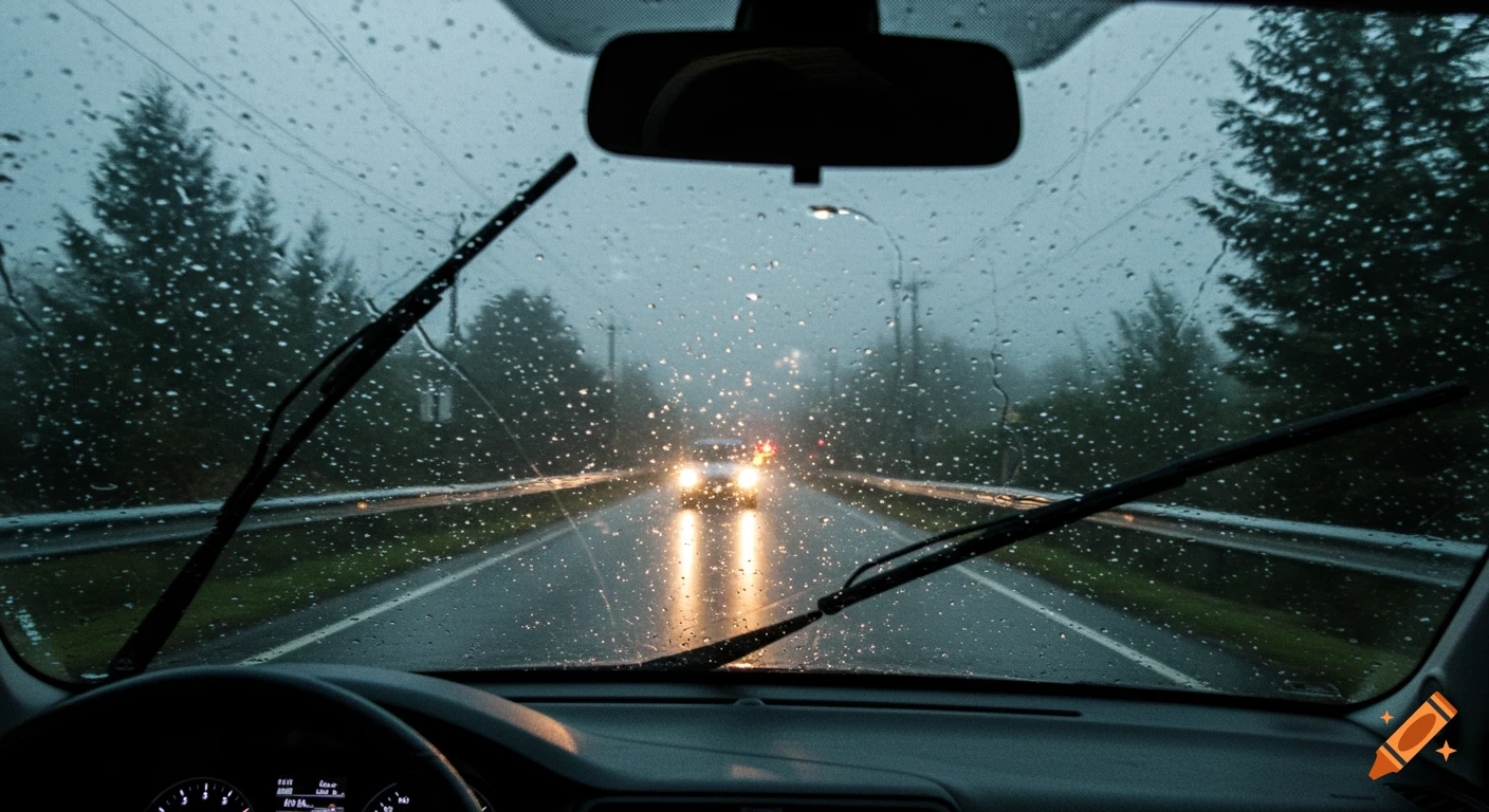 View from inside a car driving on a wet road in the rain, with wipers on the windshield.