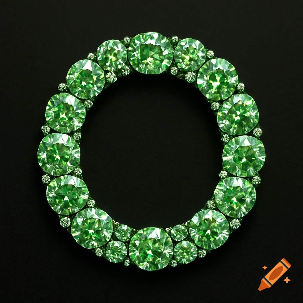 A circular wreath or ring shape made of faceted green gems and smaller accent stones on a black background.
