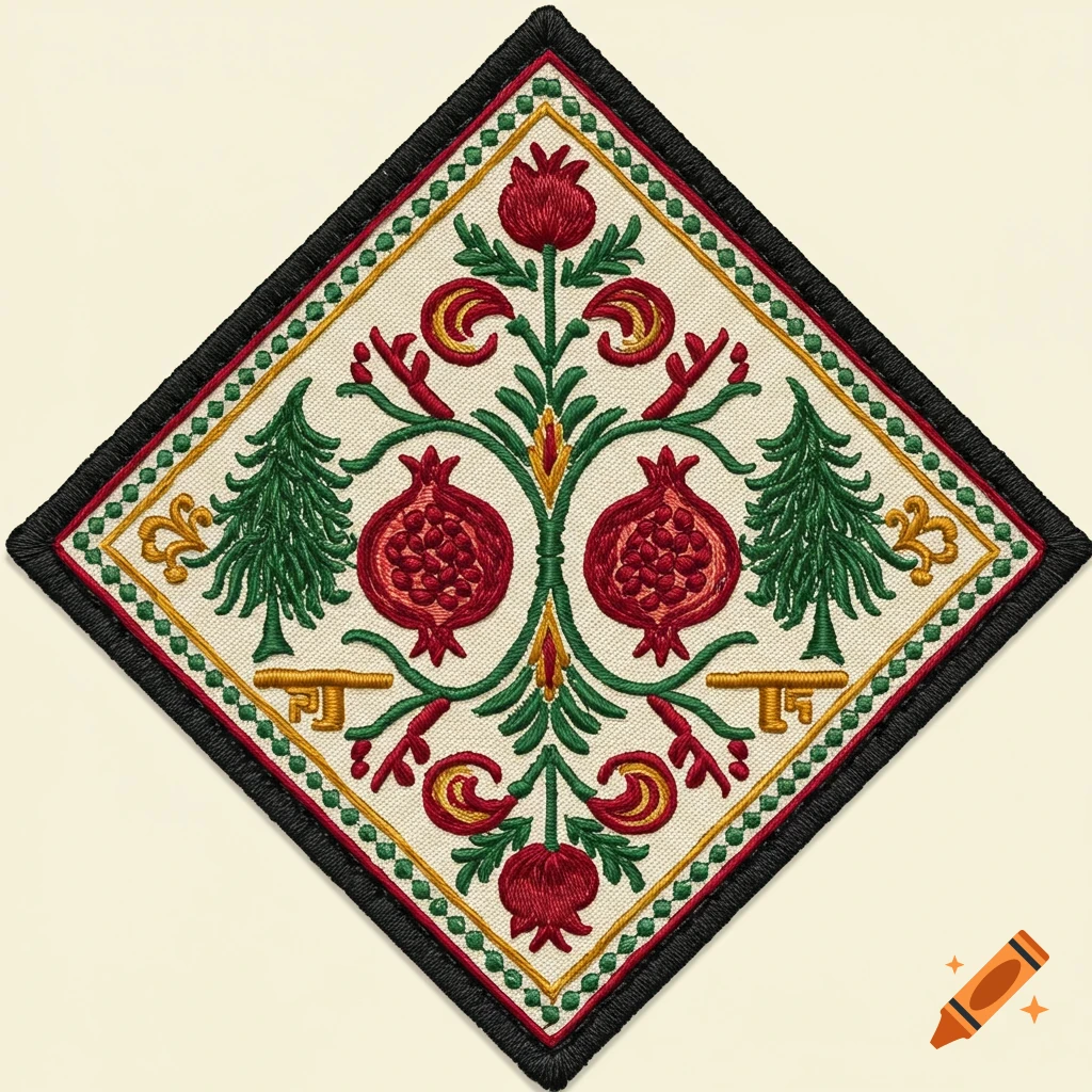 Diamond-shaped embroidered patch with a pattern of pomegranates, flowers, trees, and keys.